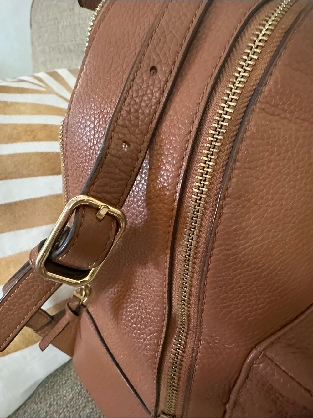 Tory Burch Theo Pebbled Leather Backpack Cognac Brown Large Travel Laptop Bag